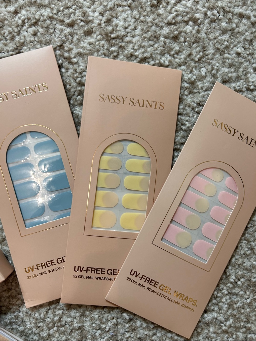 Sassy Saints Gel Press-On Nails — Pastel Blue, Yellow & Pink